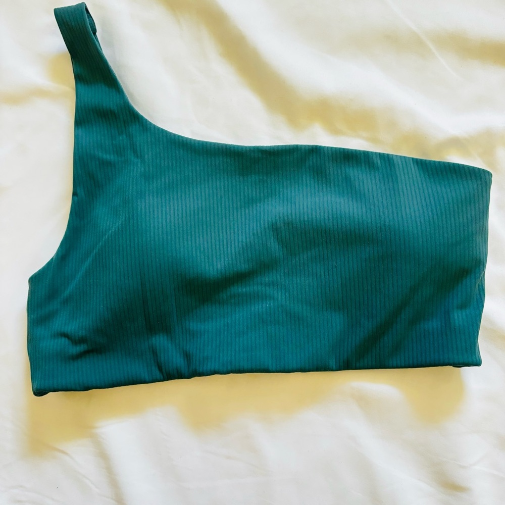 One shoulder green sports bra